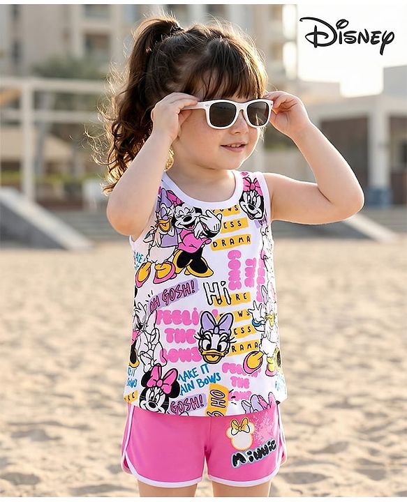 Babyhug Disney Single Jersey Knit Sleeveless T-Shirt & Shorts Set With Minnie Mouse Graphics - White & Pink