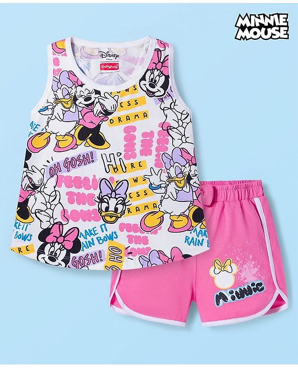 Babyhug Disney Single Jersey Knit Sleeveless T-Shirt & Shorts Set With Minnie Mouse Graphics - White & Pink