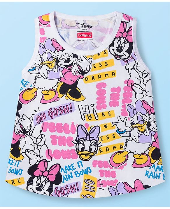 Babyhug Disney Single Jersey Knit Sleeveless T-Shirt & Shorts Set With Minnie Mouse Graphics - White & Pink