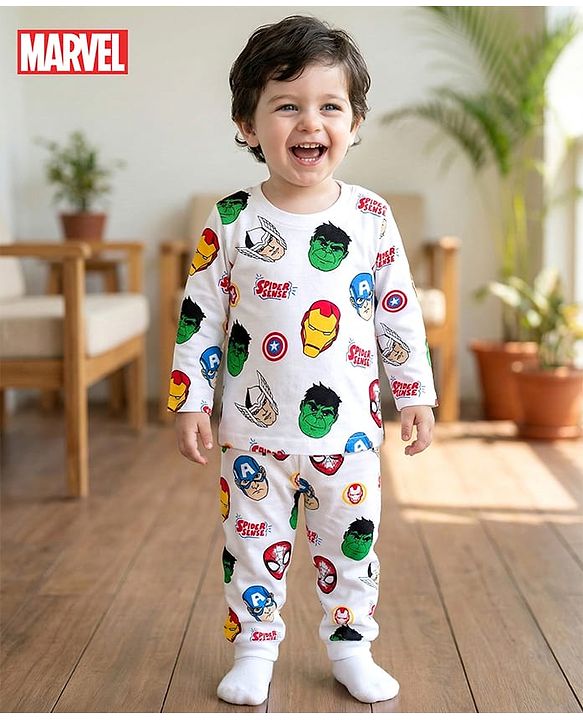 Babyhug Marvel Single Jersey Knit Full Sleeves Co-ords Night Suit With Avengers Print - White