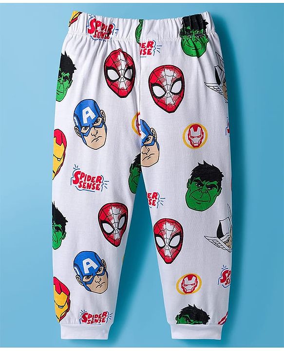 Babyhug Marvel Single Jersey Knit Full Sleeves Co-ords Night Suit With Avengers Print - White