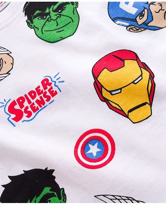 Babyhug Marvel Single Jersey Knit Full Sleeves Co-ords Night Suit With Avengers Print - White