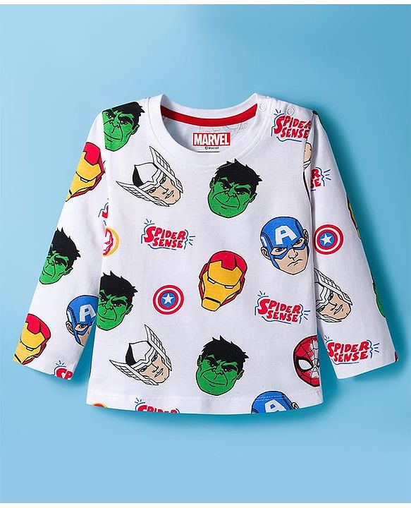 Babyhug Marvel Single Jersey Knit Full Sleeves Co-ords Night Suit With Avengers Print - White