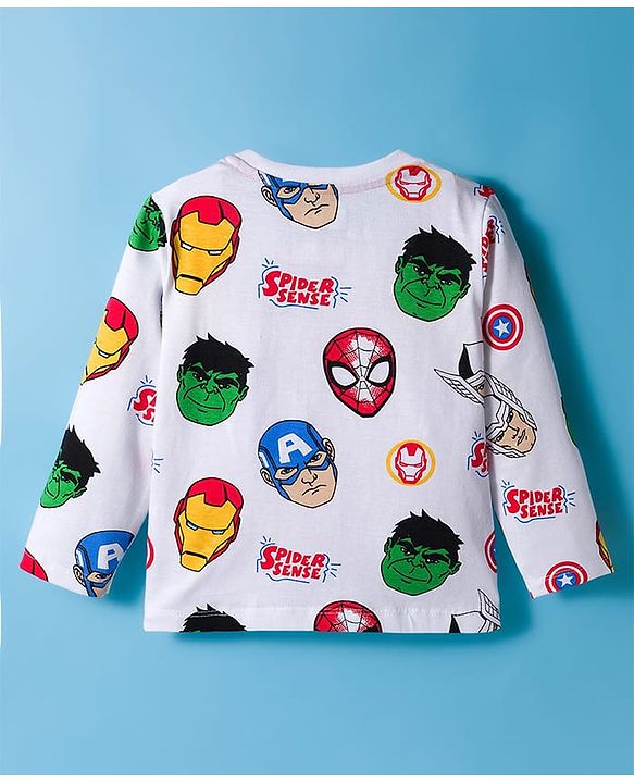Babyhug Marvel Single Jersey Knit Full Sleeves Co-ords Night Suit With Avengers Print - White