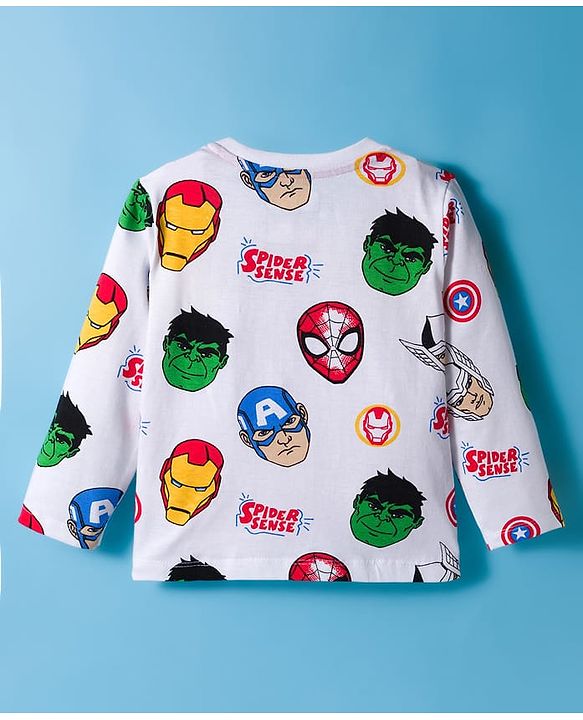 Babyhug Marvel Single Jersey Knit Full Sleeves Co-ords Night Suit With Avengers Print - White