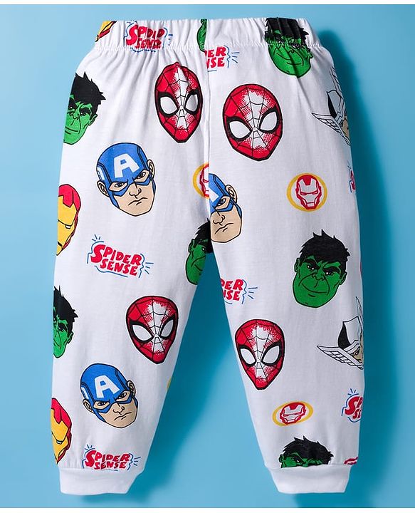 Babyhug Marvel Single Jersey Knit Full Sleeves Co-ords Night Suit With Avengers Print - White