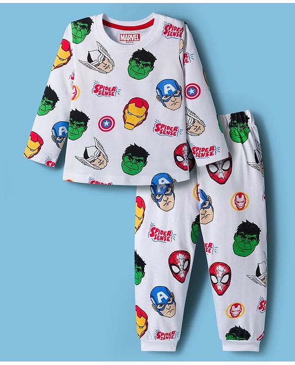 Babyhug Marvel Single Jersey Knit Full Sleeves Co-ords Night Suit With Avengers Print - White