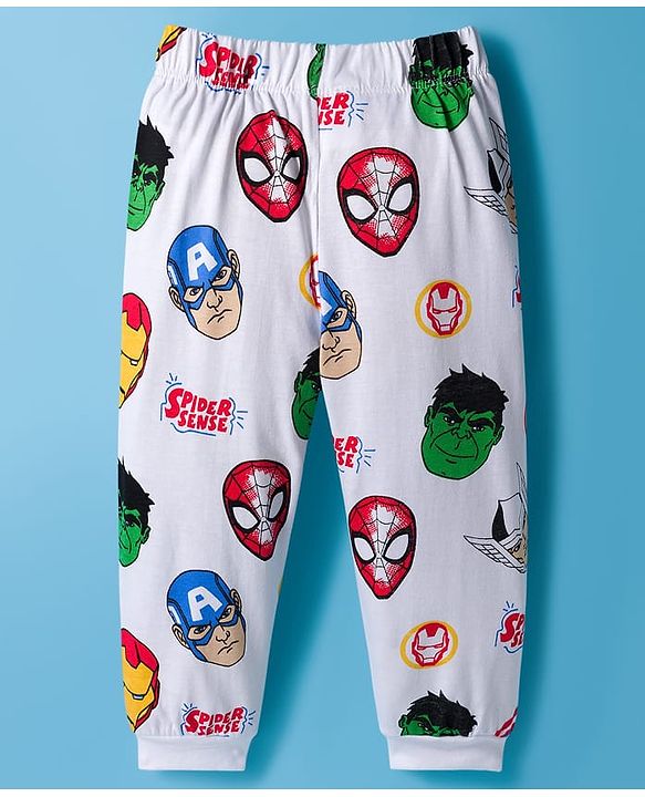 Babyhug Marvel Single Jersey Knit Full Sleeves Co-ords Night Suit With Avengers Print - White
