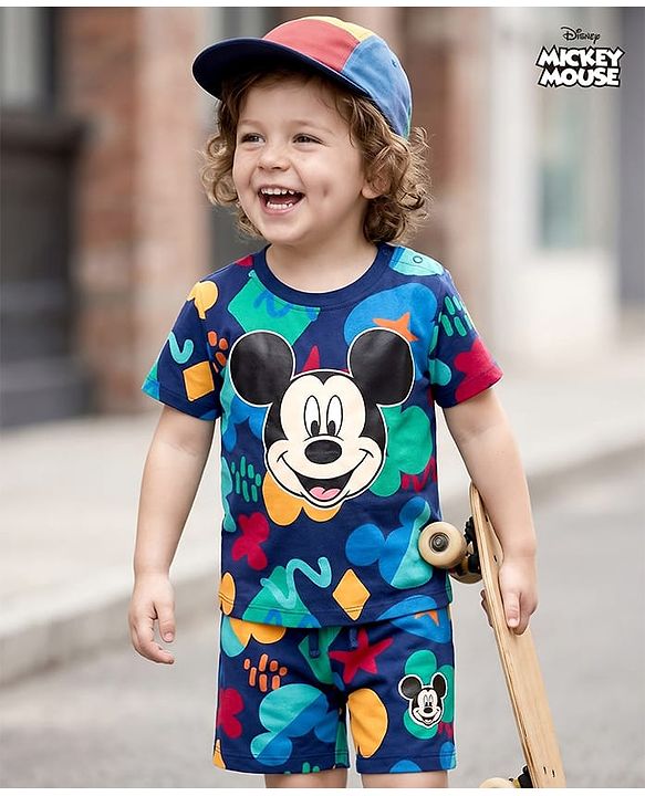 Babyhug Disney Single Jersey Knit Half Sleeves T-Shirt & Shorts Co-ord Set With Mickey Mouse Graphics - Navy Blue