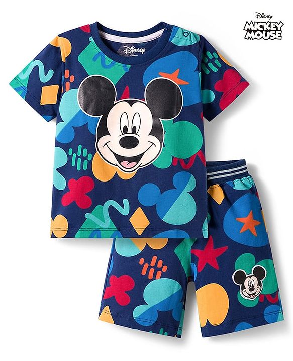 Babyhug Disney Single Jersey Knit Half Sleeves T-Shirt & Shorts Co-ord Set With Mickey Mouse Graphics - Navy Blue