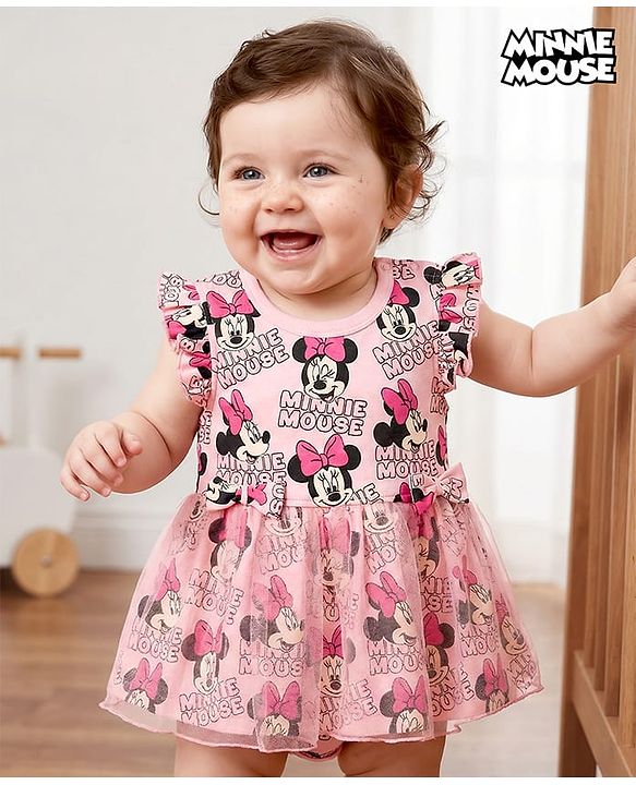 Babyhug Disney Interlock Knit Frill Sleeves Frock Style Onesies With Minnie Mouse Print - Pink