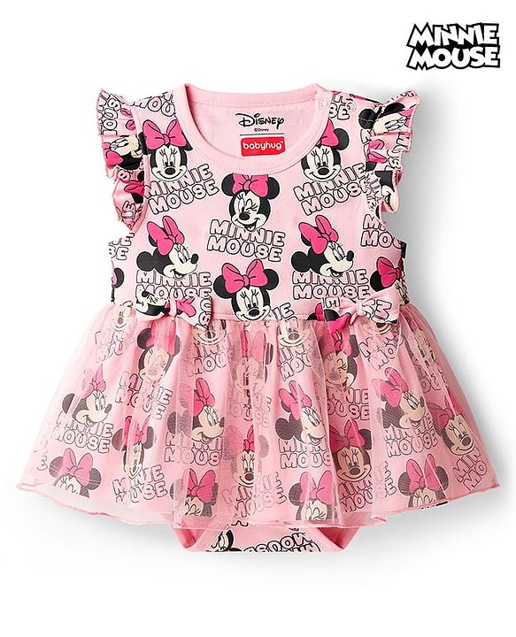 Babyhug Disney Interlock Knit Frill Sleeves Frock Style Onesies With Minnie Mouse Print - Pink
