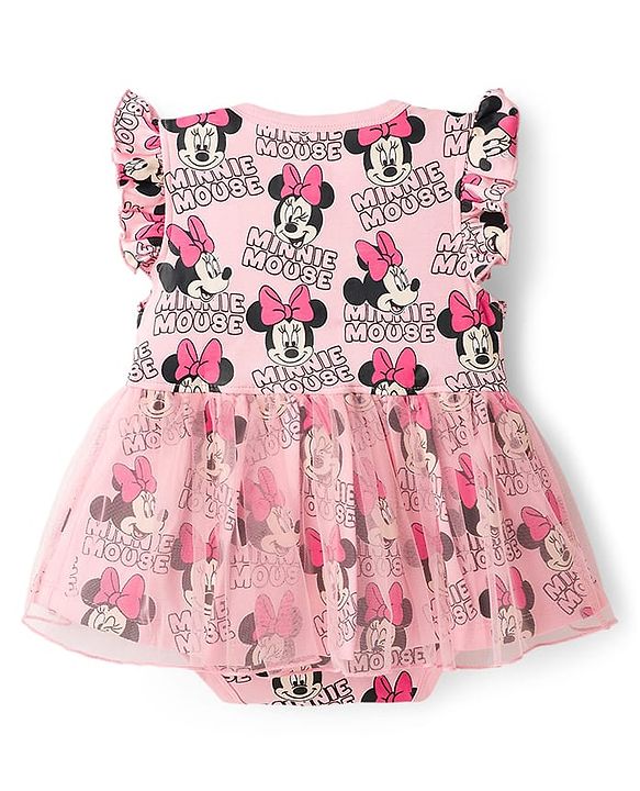 Babyhug Disney Interlock Knit Frill Sleeves Frock Style Onesies With Minnie Mouse Print - Pink