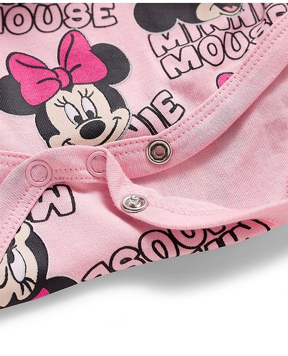 Babyhug Disney Interlock Knit Frill Sleeves Frock Style Onesies With Minnie Mouse Print - Pink