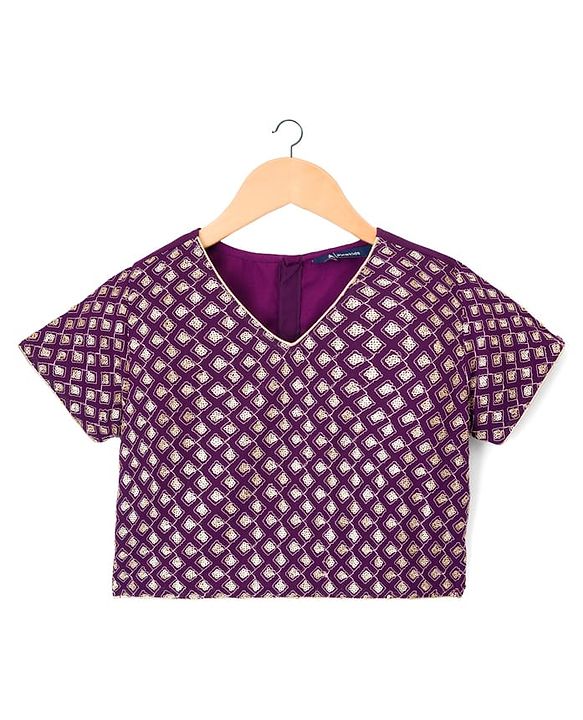 Pine Kids Woven Half Sleeves Lehenga Choli Set With Floral Embroidery & Dupatta - Wine