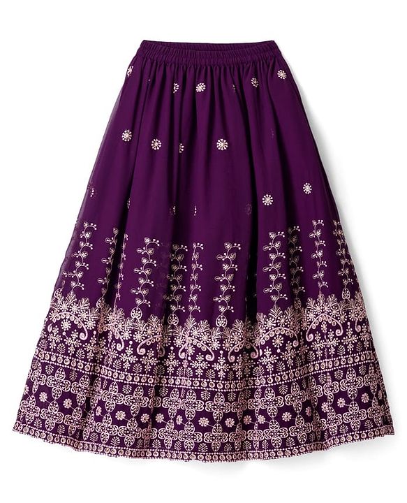 Pine Kids Woven Half Sleeves Lehenga Choli Set With Floral Embroidery & Dupatta - Wine