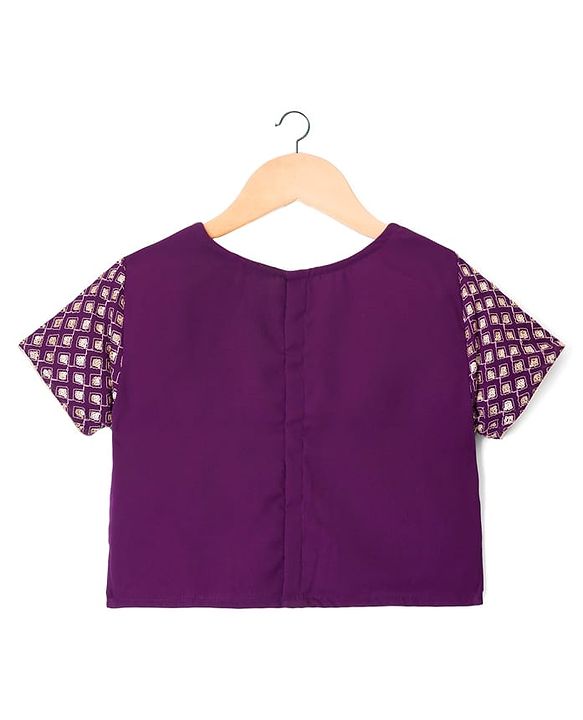 Pine Kids Woven Half Sleeves Lehenga Choli Set With Floral Embroidery & Dupatta - Wine