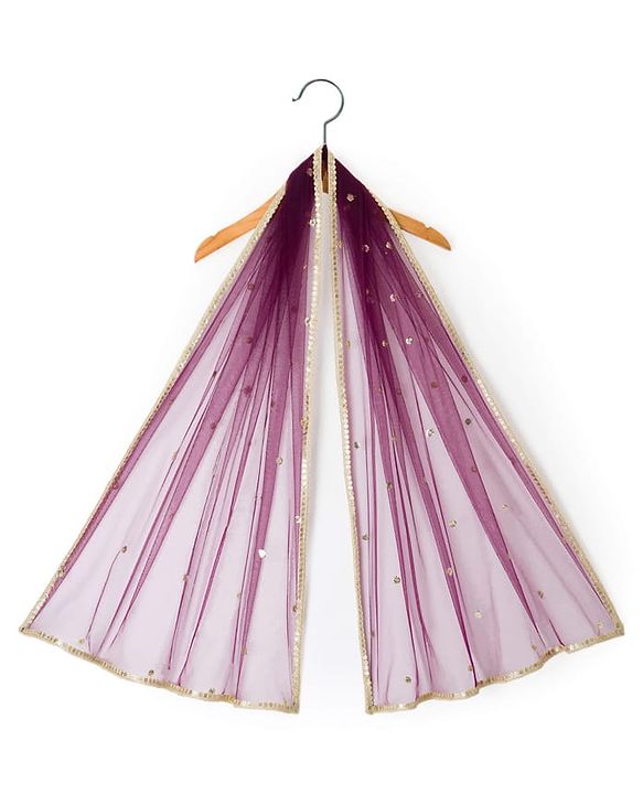 Pine Kids Woven Half Sleeves Lehenga Choli Set With Floral Embroidery & Dupatta - Wine