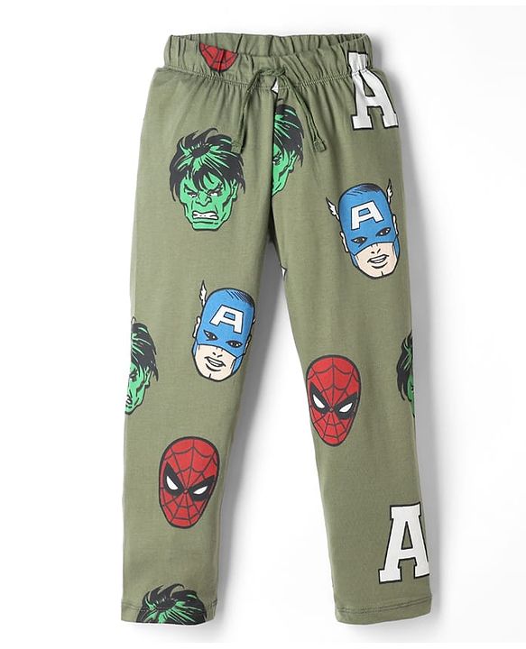 Pine Kids Marvel Single Jersey Knit Full Sleeves T-Shirt & Pyjama Night Suit With Avengers Graphics - Yellow & Olive Green