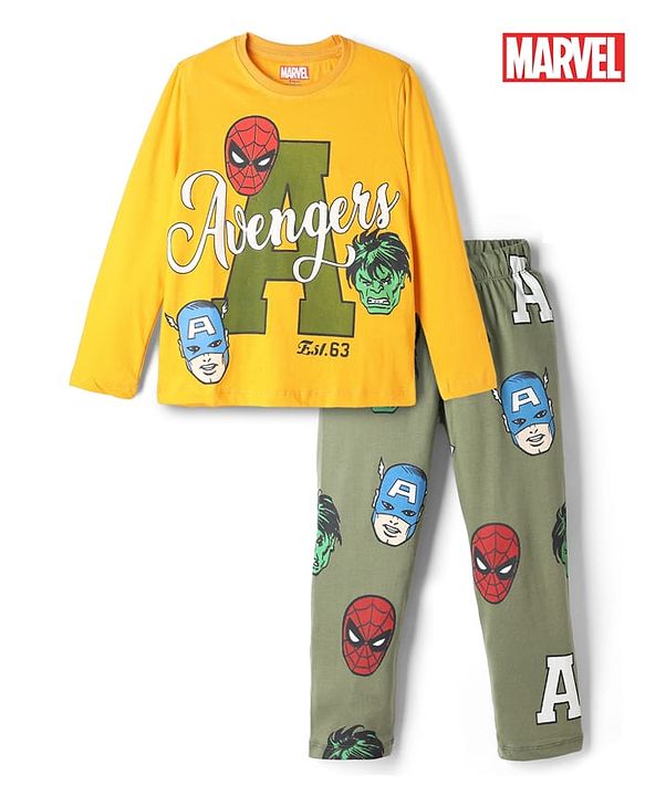 Pine Kids Marvel Single Jersey Knit Full Sleeves T-Shirt & Pyjama Night Suit With Avengers Graphics - Yellow & Olive Green