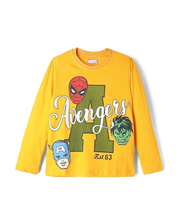 Pine Kids Marvel Single Jersey Knit Full Sleeves T-Shirt & Pyjama Night Suit With Avengers Graphics - Yellow & Olive Green