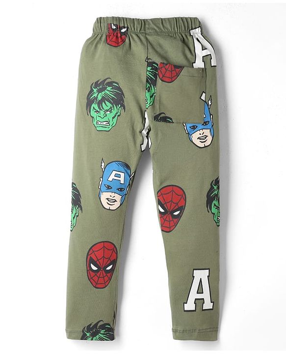 Pine Kids Marvel Single Jersey Knit Full Sleeves T-Shirt & Pyjama Night Suit With Avengers Graphics - Yellow & Olive Green