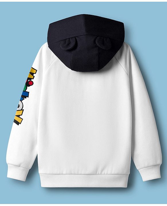 Babyhug Disney Terry Knit Drop Shoulder Full Sleeves Hooded Sweatshirt & Joggers Set with Mickey Mouse Graphic & 3D Applique - White & Black