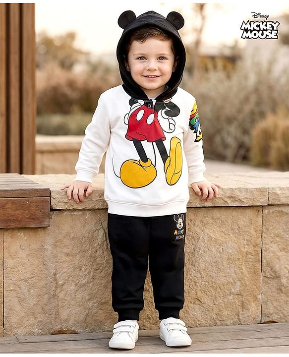 Babyhug Disney Terry Knit Drop Shoulder Full Sleeves Hooded Sweatshirt & Joggers Set with Mickey Mouse Graphic & 3D Applique - White & Black