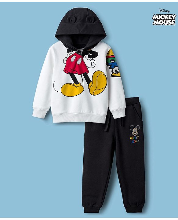 Babyhug Disney Terry Knit Drop Shoulder Full Sleeves Hooded Sweatshirt & Joggers Set with Mickey Mouse Graphic & 3D Applique - White & Black