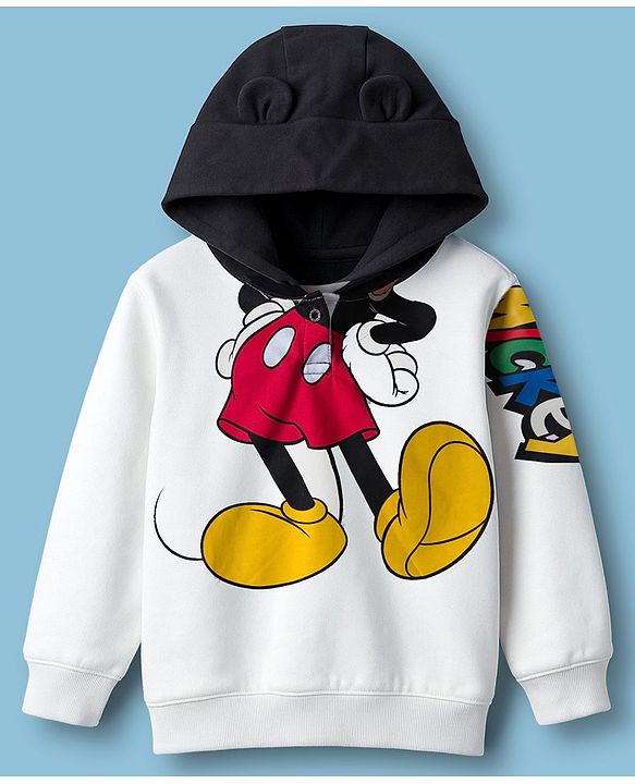 Babyhug Disney Terry Knit Drop Shoulder Full Sleeves Hooded Sweatshirt & Joggers Set with Mickey Mouse Graphic & 3D Applique - White & Black