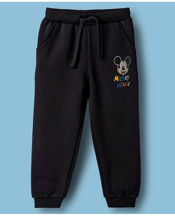 Babyhug Disney Terry Knit Drop Shoulder Full Sleeves Hooded Sweatshirt & Joggers Set with Mickey Mouse Graphic & 3D Applique - White & Black
