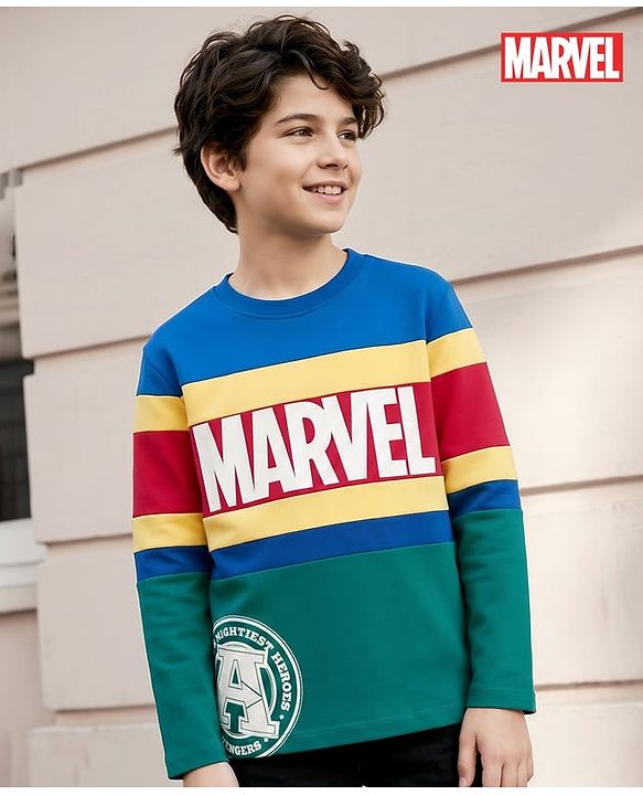 Pine Kids Marvel Single Jersey Knit Full Sleeves Cut & Sew T-Shirt with Avengers Graphic - Multicolor