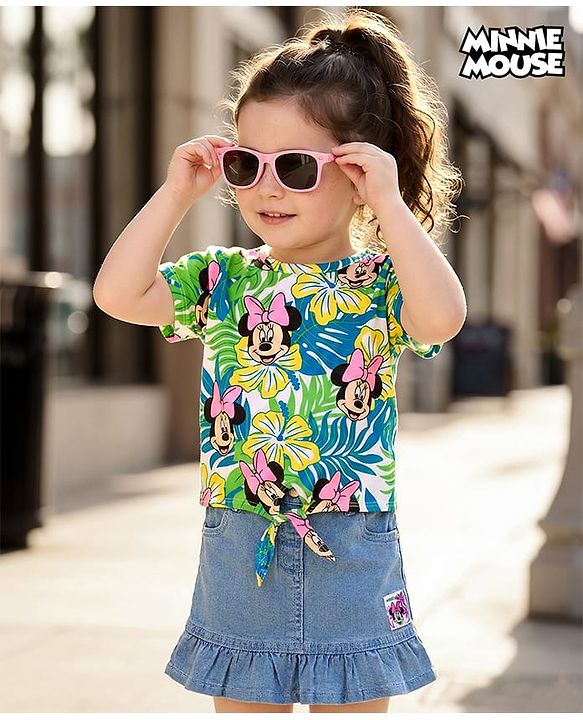 Babyhug Disney Single Jersey Knit Half Sleeves Top  & Denim Skirt Set with Minnie Mouse Graphic & Badge Detailing - Multicolor