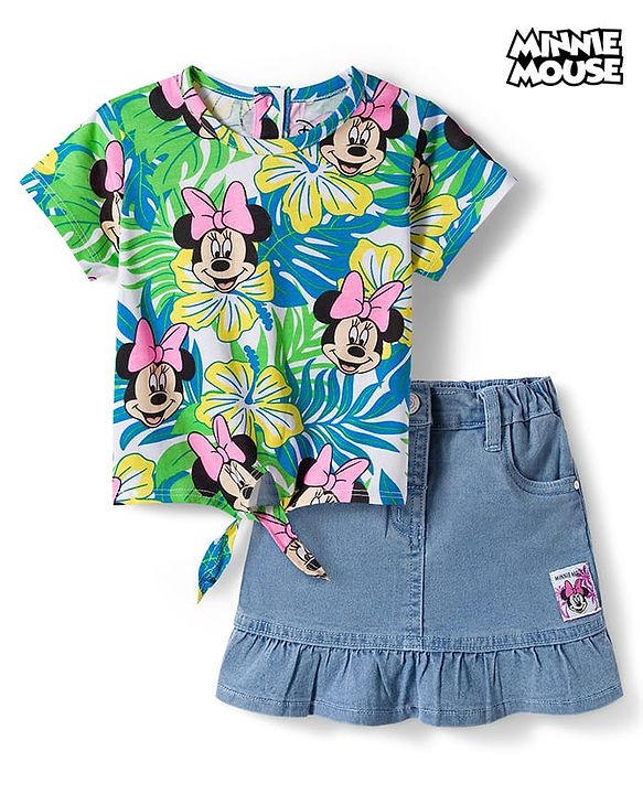 Babyhug Disney Single Jersey Knit Half Sleeves Top  & Denim Skirt Set with Minnie Mouse Graphic & Badge Detailing - Multicolor
