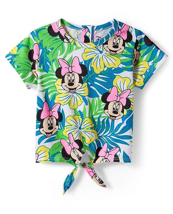 Babyhug Disney Single Jersey Knit Half Sleeves Top  & Denim Skirt Set with Minnie Mouse Graphic & Badge Detailing - Multicolor