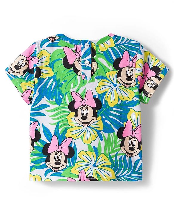 Babyhug Disney Single Jersey Knit Half Sleeves Top  & Denim Skirt Set with Minnie Mouse Graphic & Badge Detailing - Multicolor