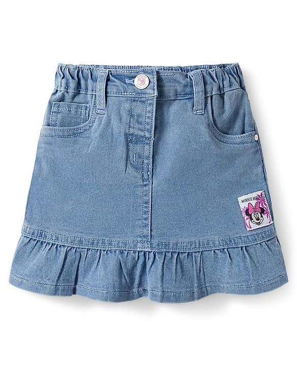 Babyhug Disney Single Jersey Knit Half Sleeves Top  & Denim Skirt Set with Minnie Mouse Graphic & Badge Detailing - Multicolor