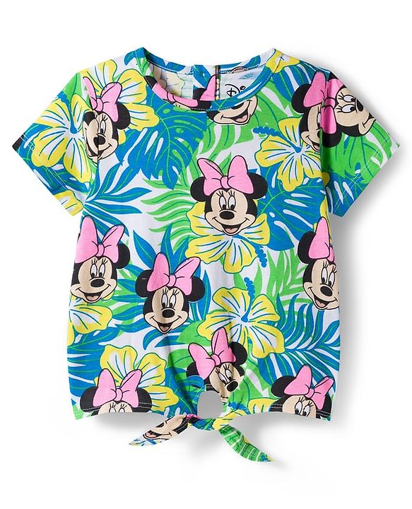 Babyhug Disney Single Jersey Knit Half Sleeves Top  & Denim Skirt Set with Minnie Mouse Graphic & Badge Detailing - Multicolor