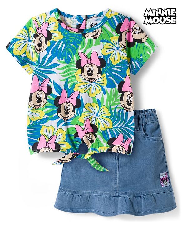 Babyhug Disney Single Jersey Knit Half Sleeves Top  & Denim Skirt Set with Minnie Mouse Graphic & Badge Detailing - Multicolor