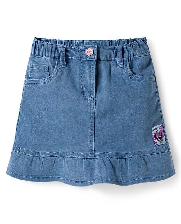 Babyhug Disney Single Jersey Knit Half Sleeves Top  & Denim Skirt Set with Minnie Mouse Graphic & Badge Detailing - Multicolor