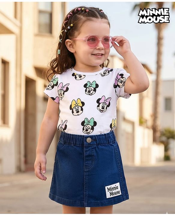Babyhug Disney Single Jersey Knit Half Sleeves Top & Denim Skirt Set with Minnie Mouse Graphic - Multicolor