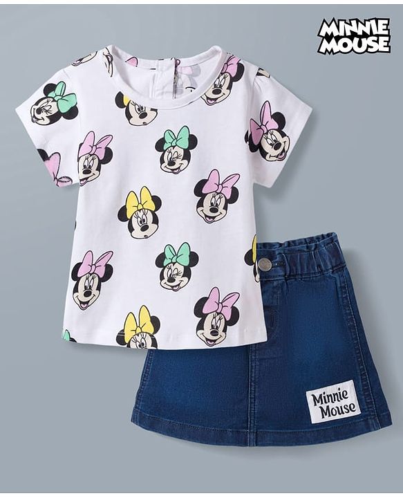 Babyhug Disney Single Jersey Knit Half Sleeves Top & Denim Skirt Set with Minnie Mouse Graphic - Multicolor