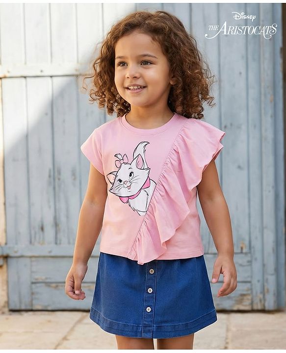 Babyhug Disney Single Jersey Knit Half Sleeves Top & Denim Skirt Set With Aristocrats Marie Graphics - Pink & Blue