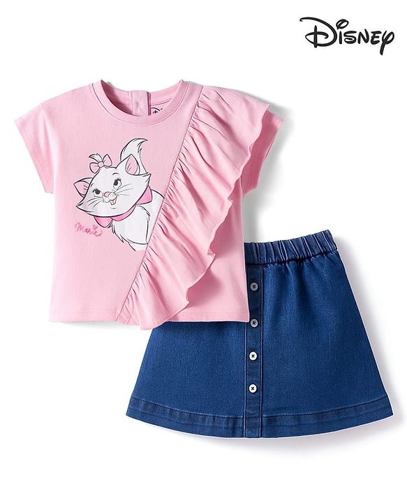 Babyhug Disney Single Jersey Knit Half Sleeves Top & Denim Skirt Set With Aristocrats Marie Graphics - Pink & Blue
