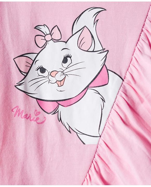 Babyhug Disney Single Jersey Knit Half Sleeves Top & Denim Skirt Set With Aristocrats Marie Graphics - Pink & Blue