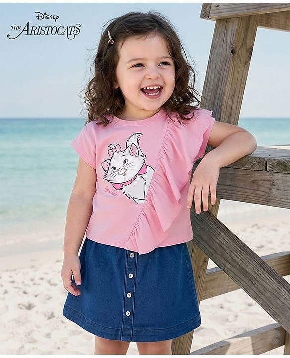 Babyhug Disney Single Jersey Knit Half Sleeves Top & Denim Skirt Set With Aristocrats Marie Graphics - Pink & Blue