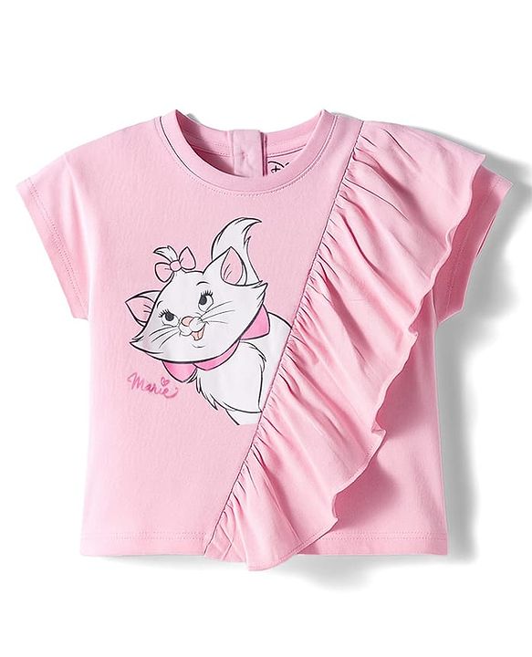Babyhug Disney Single Jersey Knit Half Sleeves Top & Denim Skirt Set With Aristocrats Marie Graphics - Pink & Blue