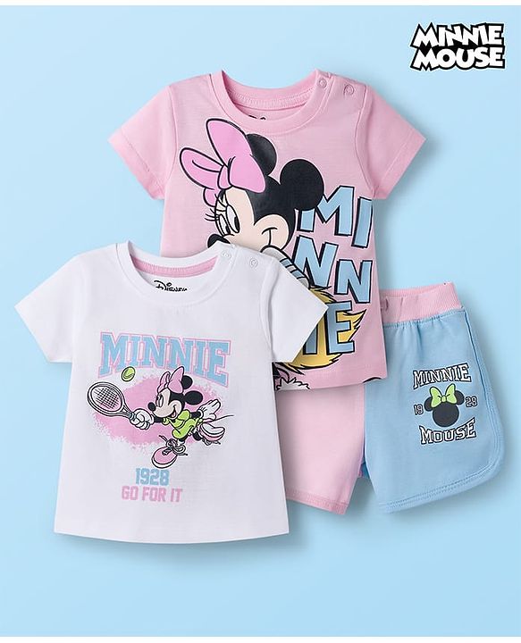 Babyhug Disney Single Jersey Knit Half Sleeves T-Shirts & Shorts Set with Minnie Mouse Graphic - Multicolor