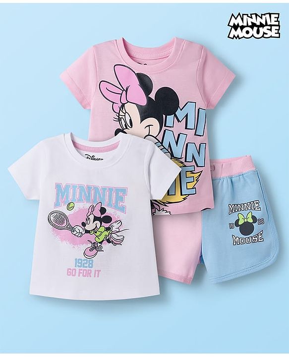 Babyhug Disney Single Jersey Knit Half Sleeves T-Shirts & Shorts Set with Minnie Mouse Graphic - Multicolor