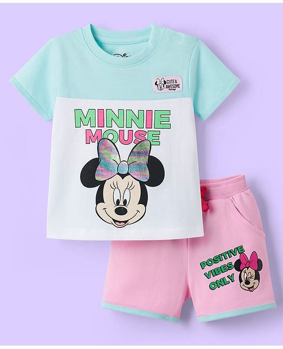 Babyhug Disney Single Jersey Knit Half Sleeves Cut & Sew T-Shirt & Shorts Set with Minnie Moues Graphic & Badge Detailing - Multicolor